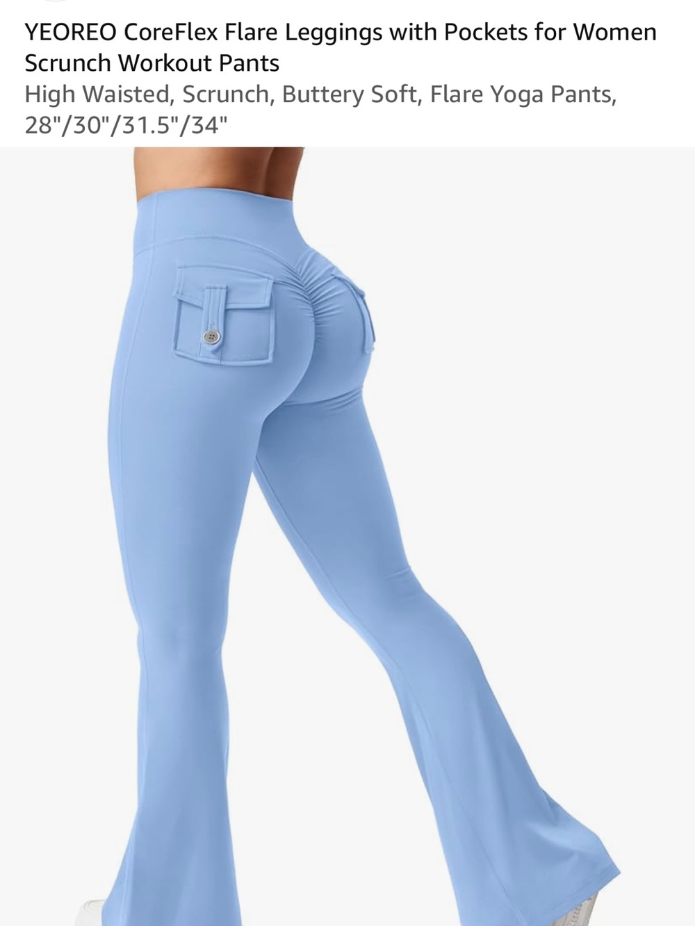 High-Waisted Light Blue Flare Leggings with Scrunch Back and Pockets